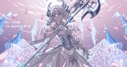 Rule 34 | 1girl, absurdres, animated, animated gif, artist name, breasts, building, commentary, commission, commissioner name, cowboy shot, demon girl, demon horns, demon wings, dress, duel monster, falling petals, garter straps, gloves, grey eyes, highres, holding, holding polearm, holding weapon, horns, large breasts, looking at viewer, lovely labrynth of the silver castle, petals, pixel art, pointy ears, polearm, revealing clothes, solo, sparkle, spire, strapless, strapless dress, transparent wings, weapon, white dress, white garter straps, white gloves, white hair, wings, winking (animated), xiaohan chulin, yu-gi-oh!