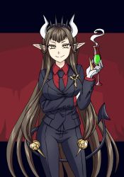 Rule 34 | 1girl, absurdres, black hair, black jacket, black necktie, black pants, black suit, breast hold, breasts, brown eyes, burbur, cosplay, cup, demon horns, demon tail, drinking glass, fate/apocrypha, fate/grand order, fate (series), formal, gloves, hair ornament, helltaker, highres, holding, holding cup, horns, jacket, large breasts, long hair, looking at viewer, lucifer (helltaker), lucifer (helltaker) (cosplay), necktie, pants, pointy ears, red shirt, semiramis (fate), shirt, smile, solo, spikes, suit, tail, tiara, very long hair, white gloves, wine glass