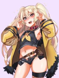 Rule 34 | + +, 1girl, azur lane, bache (azur lane), bare shoulders, belt, belt pouch, black sailor collar, black shirt, blonde hair, blush, collar, contrapposto, cowboy shot, crop top, fang, fishnet thighhighs, fishnets, fur-trimmed jacket, fur trim, hair between eyes, highres, jacket, long hair, looking at viewer, loose belt, micro shorts, open clothes, open jacket, open mouth, open shorts, pouch, purple eyes, red collar, sailor collar, shirt, shorts, simple background, single thighhigh, sleeveless, sleeveless shirt, smile, solo, sparkle, thighhighs, torpedo (gad3757), two side up, very long hair, yellow jacket