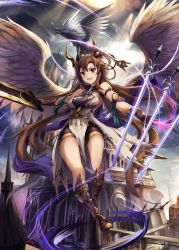 Rule 34 | 1girl, :d, angel wings, arm strap, armor, bare shoulders, breasts, brown hair, dragon, eruthika, fantasy, floating sword, floating weapon, flying, fortress, full body, gloves, greaves, hair ornament, highres, long hair, magic, medium breasts, open mouth, original, outdoors, pelvic curtain, red eyes, shorts, smile, strapless, sword, thighs, tube top, very long hair, weapon, wings