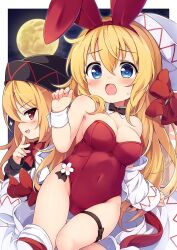 Rule 34 | 2girls, animal ears, baku-p, black headwear, blonde hair, blue eyes, bow, breasts, cleavage, covered navel, flower, full moon, highres, large breasts, leotard, lily black, lily white, long hair, looking at another, moon, multiple girls, night, open mouth, playboy bunny, rabbit ears, red bow, red eyes, red leotard, star (symbol), thigh strap, touhou, white headwear, wrist cuffs