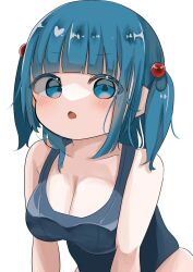 Rule 34 | 1girl, alternate costume, bare shoulders, blue eyes, blue hair, blunt bangs, blush, breasts, cleavage, collarbone, commentary request, hair bobbles, hair ornament, inushichi, kawashiro nitori, large breasts, looking at viewer, medium bangs, medium hair, one-piece swimsuit, open mouth, school swimsuit, simple background, solo, swimsuit, touhou, two side up, upper body, white background