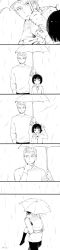 Rule 34 | 10s, 1girl, 6koma, ahoge, amatori chika, arm at side, atplus, back, bad id, bad pixiv id, black hair, blunt bangs, bob cut, carrying, closed eyes, closed mouth, comic, flying sweatdrops, greyscale, hand on own chin, hand up, height difference, highres, holding, holding umbrella, hood, hood down, hoodie, kizaki reiji, kneehighs, long image, long sleeves, looking at another, looking to the side, miniskirt, monochrome, pants, parted lips, piggyback, pleated skirt, rain, shared umbrella, shoes, signature, silent comic, skirt, socks, spiked hair, stroking own chin, sweatdrop, tall image, umbrella, walking, wet, wind, world trigger