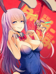 Rule 34 | 2girls, animal ears, at2., blue eyes, blush, breasts, cleavage, detached collar, erina (rabi-ribi), fairy, fake animal ears, highres, leotard, long hair, looking at viewer, mini person, minigirl, multiple girls, open mouth, playboy bunny, purple hair, rabbit ears, rabbit girl, rabi-ribi, ribbon (rabi-ribi), smile, twintails