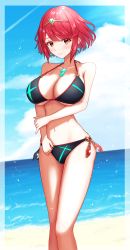 Rule 34 | 1girl, absurdres, adapted costume, bikini, black bikini, breasts, chest jewel, cleavage, earrings, halterneck, highres, jewelry, large breasts, navel, o-ring, o-ring bikini, o-ring bottom, pyra (pro swimmer) (xenoblade), pyra (xenoblade), red eyes, red hair, short hair, solo, swept bangs, swimsuit, taro (peach taro51), tiara, xenoblade chronicles (series), xenoblade chronicles 2
