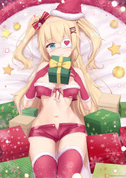 Rule 34 | 1girl, akai haato, bauble, blonde hair, blue eyes, box, breast curtains, breasts, christmas, christmas ornaments, eyepatch, front-tie top, fur-trimmed gloves, fur-trimmed legwear, fur trim, gift, gift box, gloves, gluteal fold, hat, highres, hololive, joko jmc, long hair, lying, medical eyepatch, navel, on back, partially unzipped, red gloves, red thighhighs, santa hat, short shorts, short twintails, shorts, smile, snowflakes, solo, star (symbol), thighhighs, twintails, virtual youtuber