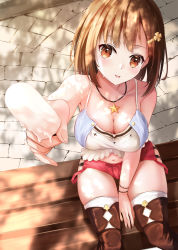 Rule 34 | 1girl, :p, atelier (series), atelier ryza, atelier ryza 1, bare shoulders, belt, bench, between legs, boots, bracelet, breasts, brick road, brown eyes, brown footwear, brown hair, c.u.wa, camisole, check commentary, cleavage, collarbone, commentary request, cowboy shot, day, eyebrows hidden by hair, food, from above, hair ornament, hairclip, hand between legs, highres, holding, holding food, incoming food, jewelry, large breasts, looking at viewer, midriff, navel, necklace, offering, outdoors, popsicle, red shorts, reisalin stout, short hair, short shorts, shorts, sidelocks, sitting, skindentation, smile, solo, star (symbol), star necklace, thigh boots, thighhighs, tongue, tongue out, tree shade, white camisole, white thighhighs