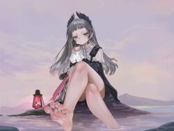 Rule 34 | 1girl, arknights, bare legs, barefoot, black dress, black gloves, capelet, closed mouth, cloud, cloudy sky, commentary request, crossed legs, day, dokomon, dress, feet, foot out of frame, gloves, grey eyes, grey hair, hand on own cheek, hand on own face, head wings, highres, irene (arknights), korean commentary, lantern, legs, long hair, long sleeves, looking at viewer, outdoors, rock, scar, scar across eye, scar on face, sitting, sky, soaking feet, soles, solo, toes, very long hair, water, white capelet, wings
