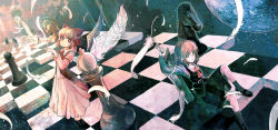 Rule 34 | 2girls, angel wings, black legwear, blonde hair, board game, bow, checkered floor, chess, chess piece, chessboard, demon, embodiment of scarlet devil, ex-rumia, feathers, female focus, floor, gengetsu (touhou), hair bow, highres, lotus land story, mary janes, moon, multiple girls, night, night sky, organ derwald, red bow, rumia, shoes, short hair, sitting, sky, statue of liberty, sword, touhou, touhou (pc-98), weapon, wings