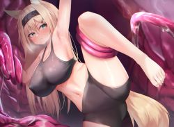 Rule 34 | 1girl, animal ear fluff, animal ears, aoinu (aoinu 99), arknights, arm up, armpits, bad id, bad pixiv id, barefoot, bike shorts, black hairband, black shorts, blonde hair, blush, bound, bound arms, bound legs, breasts, closed mouth, collarbone, green eyes, hair ornament, hairband, hairclip, heavy breathing, highres, horn (arknights), large breasts, leg up, long hair, navel, shorts, solo, sports bra, spread legs, standing, standing on one leg, stomach, tail, tentacle pit, tentacles, v-shaped eyebrows, very long hair, wolf ears, wolf girl, wolf tail