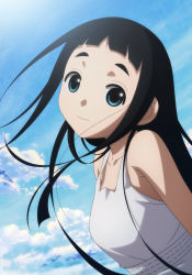 Rule 34 | 1girl, armpit crease, arms at sides, backlighting, bare arms, black hair, blue eyes, blue sky, blunt bangs, breasts, close-up, closed mouth, cloud, cloudy sky, collarbone, day, dress, floating hair, goto hime, happy, head tilt, highres, hime cut, kakushigoto, leaning forward, long hair, looking at viewer, outdoors, sidelocks, sky, sleeveless, sleeveless dress, small breasts, smile, solo, straight hair, sunlight, tareme, upper body, white dress, yamamoto shuuhei