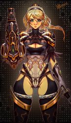 Rule 34 | 2b (nier:automata), arm cannon, armor, armored leotard, black thighhighs, blonde hair, blue eyes, boots, cleavage cutout, clothing cutout, crossover, danderfull, elaborate armor, elaborate weapon, facing viewer, feather-trimmed sleeves, feather trim, fusion, gauntlets, gloves, gold trim, heattech leotard, highleg, highleg leotard, highres, katana, lace ribbon, leotard, looking at viewer, metroid, mole, mole under mouth, nier:automata, nier (series), nintendo, no panties, pauldrons, ponytail, samus aran, shoulder armor, solo, sword, thigh boots, thigh gap, thighhighs, thighs, thong leotard, turtleneck, weapon, white gloves