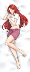 Rule 34 | 1girl, barefoot, bed sheet, breasts, closed eyes, collarbone, commission, dakimakura (medium), drooling, from above, full body, hair ornament, highres, large breasts, league of legends, leona (league of legends), long hair, lulu-chan92, lying, midriff, navel, on side, open mouth, red hair, red shorts, shirt, short shorts, shorts, sleeping, solo, stomach, t-shirt, very long hair, white shirt