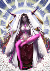 Rule 34 | 1girl, absurdres, black hair, breasts, chest tattoo, cleavage, collarbone, commentary, demon pillar (fate), detached sleeves, facial mark, fate/grand order, fate (series), flower, forehead mark, forehead tattoo, full body, halo, halo behind head, high heels, highres, horn ornament, horn ring, horns, large breasts, leg up, lips, long hair, looking at viewer, multicolored background, multicolored hair, nail polish, navel, panties, parted bangs, pink footwear, pink hair, pink nails, pink panties, pink ribbon, pink sleeves, pink thighhighs, ribbon, sessyoin kiara, sideboob, sidelocks, sitting, smile, solo, stomach tattoo, tassel, tattoo, thighhighs, thirukin, two-sided fabric, underwear, veil, very long hair, wavy hair, white sleeves, white veil, wide sleeves, yellow eyes