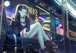 Rule 34 | 1girl, absurdres, artificial eye, backpack, bag, black footwear, black hair, black jacket, blue bra, bra, breasts, colored sclera, colored skin, commentary, crossed legs, cyberpunk (series), cyberpunk edgerunners, english commentary, full moon, graffiti, gun, handgun, headgear, highres, holding, holding weapon, jacket, leg tattoo, long hair, looking to the side, maio05321, mechanical eye, moon, neck tattoo, night, on bench, partially unzipped, rebecca (cyberpunk), red pupils, red sclera, samurai jacket (cyberpunk), sitting, small breasts, solo, strapless, strapless bra, tattoo, train interior, trash bag, trigger discipline, twintails, underwear, weapon, white skin, wide sleeves, yellow eyes