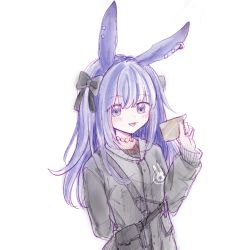 Rule 34 | 1girl, :d, animal ears, arknights, black bow, black jacket, black shirt, blush, bow, ear piercing, hair bow, hand up, highres, holding, jacket, long hair, meng xue necky, open mouth, piercing, purple eyes, purple hair, rabbit ears, rope (arknights), shirt, simple background, smile, solo, upper body, white background