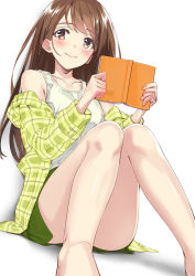 Rule 34 | 1girl, bare legs, blush, book, brown eyes, brown hair, holding, holding book, jacket, jacket off shoulders, kinugasa yuuichi, long hair, looking at viewer, mole, mole under eye, off shoulder, open book, original, sitting, smile, solo, swept bangs, tank top, white background