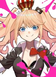 Rule 34 | 1girl, absurdres, bear hair ornament, black bra, black shirt, blonde hair, blood, blue eyes, bow, bra, breasts, cleavage, closed mouth, collarbone, commentary request, crown, danganronpa: trigger happy havoc, danganronpa (series), enoshima junko, hair ornament, highres, huge filesize, long hair, looking at viewer, medium breasts, necktie, pink blood, red bow, shirt, short sleeves, smile, solo, twintails, underwear, upper body, white necktie, ziu