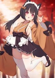 Rule 34 | 1girl, absurdres, animal ear fluff, animal ears, apron, bare shoulders, bell, black bow, black footwear, black hair, black skirt, blurry, blurry background, blush, bow, breasts, brown kimono, brown sleeves, commentary request, day, depth of field, detached sleeves, fang, fox ears, fox girl, fox shadow puppet, fox tail, frilled apron, frills, hair bow, hand up, highres, hinata (user rjkt4745), japanese clothes, jingle bell, kimono, long hair, long sleeves, looking at viewer, low twintails, maid, maid headdress, medium breasts, open mouth, original, outdoors, panties, platform clogs, pleated skirt, red eyes, sandals, sideboob, skirt, sleeveless, sleeveless kimono, solo, standing, standing on one leg, tail, thighhighs, tree, twintails, underwear, very long hair, wa maid, waist apron, white apron, white panties, white thighhighs, wide sleeves, zouri