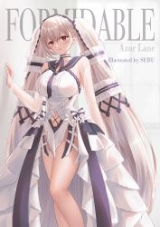 Rule 34 | 1girl, absurdly long hair, artist name, azur lane, black choker, black neckwear, black sailor collar, bow, dress bow, breasts, character name, choker, clothing cutout, detached sleeves, dress, dress bow, dress flower, feather dress, flower, formidable (azur lane), formidable (timeless classics) (azur lane), hair ornament, highres, large breasts, long hair, looking at viewer, navel cutout, official alternate costume, platinum blonde hair, red eyes, sailor collar, sebu illust, see-through, simple background, solo, twintails, two-tone dress, two-tone ribbon, veil, very long hair, white dress, white flower