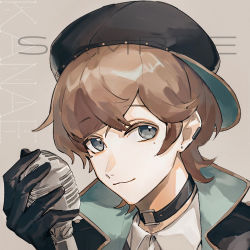 Rule 34 | 1boy, black collar, black gloves, brown hair, collar, collared shirt, commentary request, commission, gloves, grey background, grey eyes, hat, holding, holding microphone, male focus, microphone, orniflop, portrait, sample watermark, shirt, short hair, solo, virtual youtuber, watermark, white shirt