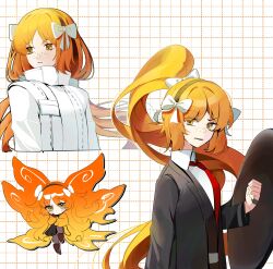 Rule 34 | 1girl, absurdres, alternate hairstyle, black jacket, black vest, bow, brown hairband, collared shirt, fiery hair, fiery wings, freckles, green eyes, hair bow, hairband, hi i dubu, highres, ishmael (project moon), jacket, limbus company, long hair, multiple views, necktie, orange hair, parted lips, project moon, red necktie, shirt, simple background, very long hair, vest, white background, white bow, white shirt, wings