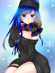 Rule 34 | 1girl, adapted costume, bare shoulders, blue hair, blush, breasts, cleavage, hand on lap, hand up, hat, hecatia lapislazuli, hecatia lapislazuli (earth), long hair, looking at viewer, medium breasts, nose blush, off-shoulder sweater, off shoulder, parted lips, plaid, plaid scarf, ribbed sweater, scarf, simple background, sitting, sleeves past wrists, snowflake background, snowflakes, solo, sweater, swept bangs, teeth, thick thighs, thigh strap, thighs, touhou, utagi 0216, very long hair