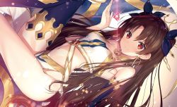 Rule 34 | 1girl, artist request, bare shoulders, black hair, black ribbon, crown, earrings, fate/grand order, fate (series), gem, hair ribbon, ishtar (fate), ishtar (fate), jewelry, long hair, looking at viewer, red eyes, ribbon, single thighhigh, solo, thighhighs, tohsaka rin