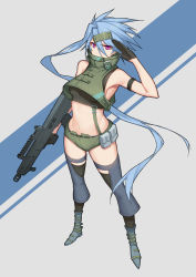 Rule 34 | 1girl, absurdres, arm strap, armpits, ash-12.7, ash-12.7 (girls&#039; frontline), assault rifle, bare shoulders, battle rifle, black gloves, black shirt, black thighhighs, blue footwear, blue hair, breasts, bullpup, commentary request, covering own mouth, crop top, floating hair, full body, girls&#039; frontline, gloves, green shorts, green vest, grey background, gun, hair between eyes, hair ornament, hand up, highres, hongchajun, legs apart, long hair, looking at viewer, medium breasts, micro shorts, midriff, navel, purple eyes, revealing clothes, rifle, salute, shak-12, shirt, shoes, shorts, sleeveless, sleeveless shirt, solo, standing, stomach, thighhighs, turtleneck, underboob, v-shaped eyebrows, very long hair, vest, weapon