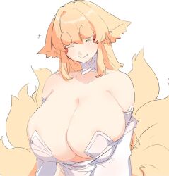 Rule 34 | 1girl, animal ears, bare shoulders, blonde hair, breasts, cleavage, closed eyes, closed mouth, dress, fox ears, fox girl, fox tail, gimmogu, highres, kitsune, large breasts, original, smile, tail, white dress