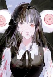 Rule 34 | 1girl, artist name, black eyes, black hair, blood, blood on clothes, blood on face, chainsaw man, collared shirt, crack, cracked glass, dual persona, facial scar, highres, long hair, looking at viewer, mitaka asa, neck ribbon, parted lips, portrait, red eyes, ribbon, ringed eyes, scar, scar on cheek, scar on face, school uniform, shirt, signature, smile, split theme, straight-on, sweatdrop, war devil (chainsaw man), white shirt, yoru (chainsaw man), yueko (jiayue wu)