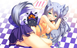 Rule 34 | 1girl, :d, animal ears, animal hands, aqua eyes, ayatudura, bad id, bad pixiv id, blush, breasts, cat, checkered floor, floor, highres, jack-o&#039;-lantern, looking at viewer, lying, on side, open mouth, original, silver hair, smile, solo, speech bubble, spoken blush, tail, thighs