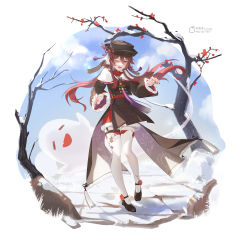 Rule 34 | 1girl, absurdres, alternate costume, beads, black footwear, brown coat, brown hair, brown hat, capelet, chinese clothes, chinese commentary, coat, coattails, commentary request, dress, eyeshadow, flower, flower knot, full body, garter straps, genshin impact, ghost, hands up, hat, highres, hu tao (genshin impact), long hair, long sleeves, makeup, mujizi, nail polish, one eye closed, open mouth, pixiv id, plum blossoms, red dress, red eyes, red eyeshadow, red nails, ribbon, sky, smile, snow, solo, standing, star-shaped pupils, star (symbol), symbol-shaped pupils, tassel, thighhighs, tree, twintails, vision (genshin impact), white capelet, white thighhighs, winter