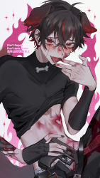 Rule 34 | 1boy, animal ears, arashi noro, arm tattoo, black hair, blood, blood on face, commission, dog boy, dog ears, earrings, fingerless gloves, fire, gloves, gun, handgun, heart, highres, indie virtual youtuber, jewelry, looking at viewer, male focus, multicolored hair, nail polish, open mouth, piercing, pink fire, red eyes, red hair, rukkadero, short hair, skeb commission, solo, stomach tattoo, stud earrings, tattoo, tongue, tongue out, tongue piercing, virtual youtuber, weapon, white background
