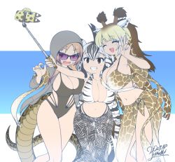 Rule 34 | 3girls, ^ ^, african rock python (kemono friends), alternate breast size, alternate hairstyle, animal ears, animal print, arm around back, bikini, bikini top only, blonde hair, braid, breasts, brown hair, cellphone, cleavage, closed eyes, dated, drawstring, fang, feet out of frame, giraffe ears, giraffe horns, giraffe print, giraffe tail, grey hair, grin, hair between eyes, halterneck, hand on another&#039;s back, hand up, highres, holding, hood, hood up, hoodie, horns, huge breasts, kemono friends, large breasts, leaning forward, light brown hair, long hair, long sleeves, multicolored hair, multiple girls, navel, one-piece swimsuit, open clothes, open hoodie, open mouth, outstretched arm, pants, phone, plains zebra (kemono friends), purple-tinted eyewear, purple-tinted glasses, purple eyes, purple hair, reticulated giraffe (kemono friends), scarf, selfie, selfie stick, side-by-side, signature, slit pupils, smartphone, smile, snake tail, standing, stomach, strap gap, sunglasses, swimsuit, tail, taking picture, thigh gap, tinted eyewear, twin braids, twisted torso, two-tone hair, v, very long hair, yoshida hideyuki, zebra ears, zebra print