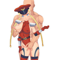 Rule 34 | 1boy, 1girl, alternate costume, blonde hair, blue eyes, blush, braid, grabbing another&#039;s breast, breasts, breasts out, cammy white, cosplay, covered erect nipples, fingering, grabbing, hetero, highres, large breasts, leotard, long hair, looking at viewer, m bison (cosplay), nipples, puffy nipples, standing, street fighter, twintails