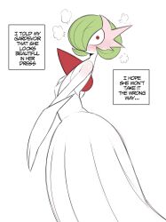 Rule 34 | 1girl, absurdres, bare shoulders, blush, bob cut, closed mouth, colored skin, constricted pupils, creatures (company), dress, elbow gloves, embarrassed, english text, flat chest, flat color, from side, full-face blush, game freak, gardevoir, gen 3 pokemon, gloves, green hair, hair over one eye, hand on own chest, hand up, highres, long dress, looking at viewer, mega gardevoir, mega pokemon, nintendo, one eye covered, pokemon, pokemon (creature), puff of air, red eyes, saltyxodium, short hair, sideways mouth, simple background, sketch, strapless, strapless dress, surprised, white background, white dress, white gloves, white skin, wide-eyed