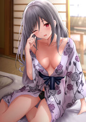 Rule 34 | 1girl, alternate hairstyle, arm support, black panties, blurry, blurry background, blush, bow, bow panties, breasts, cleavage, collarbone, commentary request, day, feet out of frame, floral print, futon, hair between eyes, hair down, hand up, head tilt, highres, idolmaster, idolmaster cinderella girls, indoors, japanese clothes, kanzaki ranko, kimono, light particles, long hair, long sleeves, looking at viewer, medium breasts, monaka curl, obi, off shoulder, on bed, one eye closed, panties, parted lips, pillow, pink eyes, print kimono, purple kimono, rose print, rubbing eyes, sash, shouji, sidelocks, silver hair, single bare shoulder, sitting, sleepy, sliding doors, solo, sunlight, tatami, underwear, wide sleeves, yokozuwari, yukata