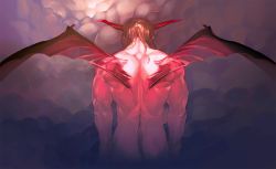 Rule 34 | 1boy, arms at sides, brown hair, cloud, completely nude, demon wings, face down, facing away, from behind, horns, long hair, male focus, muscular, nowaki nakasane, nude, original, red theme, solo, standing, tail, transparent wings, wings
