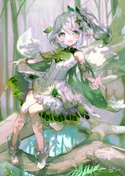 Rule 34 | 1girl, absurdres, bare shoulders, blush, branch, dress, elf, forest, full body, genshin impact, green eyes, hair ornament, highres, looking at viewer, nahida (genshin impact), nature, open mouth, pointy ears, side ponytail, smile, solo, symbol-shaped pupils, ta-to (sprout), tree, white dress, white hair
