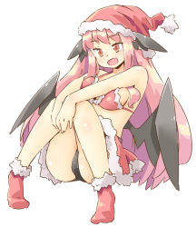 Rule 34 | 1girl, :d, arnest, ass, bare arms, bare legs, bare shoulders, bikini, blush, breasts, christmas, commentary request, demon wings, fang, hat, head wings, knees up, koakuma, long hair, medium breasts, no shoes, open mouth, pink hair, pom pom (clothes), red bikini, red eyes, red hat, red skirt, red socks, santa bikini, santa hat, sidelocks, simple background, skin fang, skirt, smile, socks, solo, swimsuit, thighs, touhou, very long hair, white background, wings