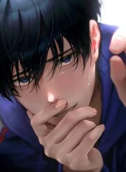 Rule 34 | 1boy, black hair, blue eyes, blue shirt, blush, close-up, collared shirt, covering own mouth, female pov, fingernails, garbage time, gugong (90 un), hand over own mouth, highres, leaning forward, light smile, looking at viewer, male focus, park byeongchan, parted lips, portrait, pov, reaching, reaching towards viewer, shirt, short hair, shy, simple background, solo, sweatdrop