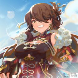 Rule 34 | 1girl, bare shoulders, beidou (genshin impact), breasts, brown hair, cleavage, cloud, cloudy sky, commentary, cwilocky, day, dress, english commentary, eyepatch, feather boa, fingerless gloves, genshin impact, gloves, grin, hair ornament, hair over one eye, hair stick, jewelry, lens flare, long hair, looking at viewer, open mouth, outdoors, red eyes, sky, smile, solo, sunlight, tassel