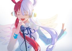 Rule 34 | 1girl, asymmetrical sleeves, closed eyes, dress, eyelashes, feathered wings, headphones, holding, holding microphone stand, long hair, looking at viewer, microphone stand, multicolored hair, one piece, one piece film: red, open mouth, pisu, red hair, sidelocks, simple background, smile, solo, split-color hair, two-tone hair, uta (one piece), very long hair, white background, white hair, white wings, wings