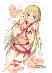 Rule 34 | 1girl, ahoge, blonde hair, blue eyes, blush, breasts, cleavage, double v, dutch angle, embarrassed, gluteal fold, hair between eyes, highres, kantoku, long hair, medium breasts, naked ribbon, navel, open mouth, page number, qualidea code, red ribbon, ribbon, sideboob, solo, standing, thigh gap, utara canaria, v, very long hair, wavy mouth, white background, wrist ribbon