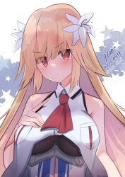 Rule 34 | 1girl, 9610 (kuroto), artist name, ascot, blonde hair, breasts, brooklyn (kancolle), dated, flower, hair flower, hair ornament, highres, jacket, kantai collection, large breasts, long hair, military uniform, one-hour drawing challenge, red ascot, red eyes, shirt, sleeveless, sleeveless jacket, sleeveless shirt, solo, uniform, upper body, white jacket