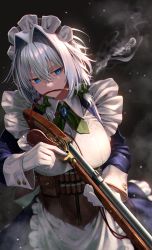 Rule 34 | 1girl, absurdres, adapted costume, blue eyes, blurry, bow, breasts, brooch, brown corset, corset, dark background, depth of field, gloves, greenkohgen, grey hair, gun, hair bow, hair intakes, highres, holding, holding gun, holding weapon, izayoi sakuya, jewelry, large breasts, light particles, looking to the side, maid headdress, mouth hold, musket, smoke, solo, tanegashima, touhou, weapon, white gloves