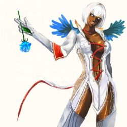 Rule 34 | 00s, 1girl, blue eyes, breasts, capcom, cleavage, dark skin, devil may cry, devil may cry (series), devil may cry 4, flower, gloria (devil may cry), lipstick, makeup, trish (devil may cry), white hair