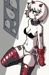 Rule 34 | 1girl, akairiot, bare shoulders, bondage outfit, borrowed character, breasts, choker, expressionless, feet out of frame, gloves, highres, horns, medium breasts, mitsuno (northeast mountain), navel, original, panties, red eyes, red gloves, red horns, shadow, short hair, solo, underwear, white hair, white panties, wrench