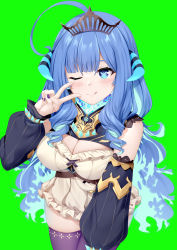 Rule 34 | 1girl, ;q, ahoge, bare shoulders, black sleeves, blue eyes, blue hair, blush, breasts, chrisandita, cleavage, closed mouth, commission, curled horns, detached sleeves, dress, fiery hair, frilled dress, frills, green background, hand up, highres, horns, leaning forward, long hair, long sleeves, medium breasts, one eye closed, prism project, puffy long sleeves, puffy sleeves, rikudou yura, simple background, sleeveless, sleeveless dress, smile, solo, tiara, tongue, tongue out, v, very long hair, virtual youtuber, white dress, x x